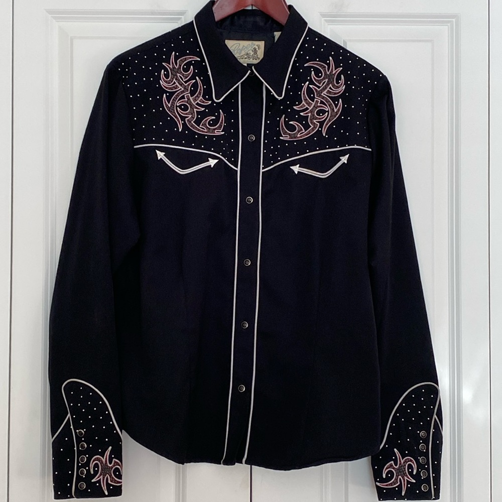 Rockabilly Tribal Embroidered Pearl Snap Western Shirt Black Size XL
